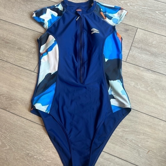 Axesea retro printed zip up blue surf style bathing suit size 10 - Picture 2 of 10